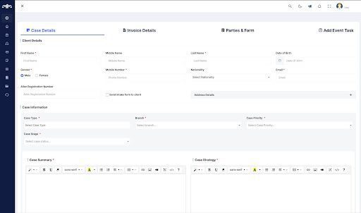 Screenshot of MyLegalSoftware's online case management software interface showing case details, invoice information, parties and forms, and task addition sections.