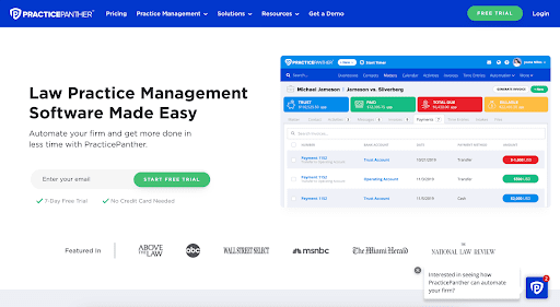 Screenshot displaying the PracticePanther online case management software dashboard, emphasizing ease of law practice management with a user-friendly interface.