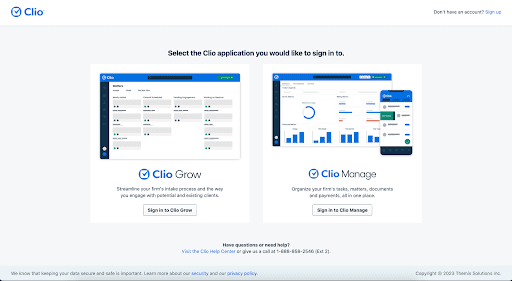 Screenshot showcasing the Clio online case management software, featuring the sign-in options for Clio Grow and Clio Manage with a focus on workflow optimization and case administration.