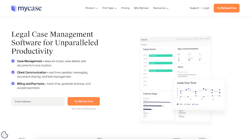 Homepage of MyCase online case management software, highlighting features for case organization, communication, and billing for legal professionals.