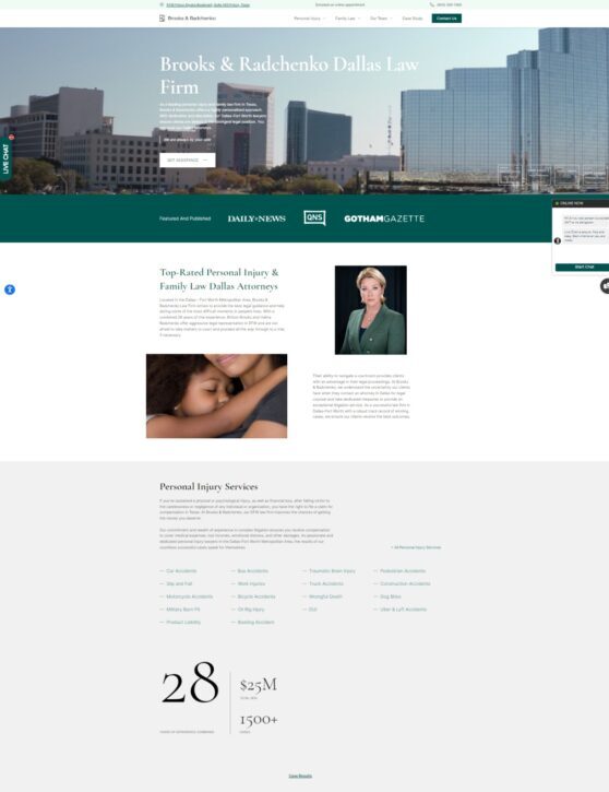 Screenshot of Brooks & Radchenko law firm's homepage, an example of a top-tier website for law firms, showcasing their professional online presence in 2023.