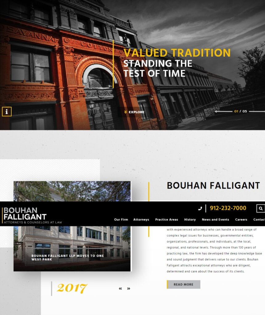 Homepage of Bouhan.com displayed on a computer screen, featuring a modern, professional layout exemplary of top website design for law firms.