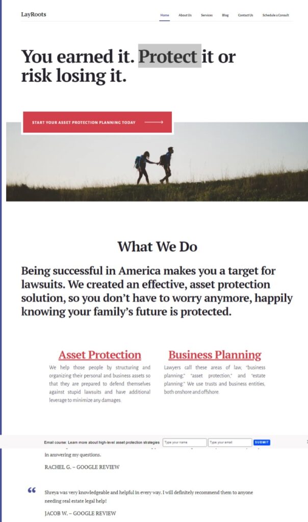 Screenshot of LayRoots.com, featuring their unique approach to asset protection and estate planning, highlighting the standard for engaging law firm websites.