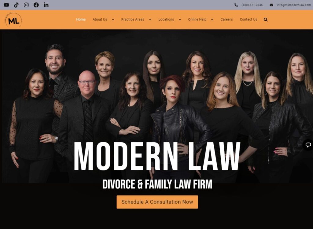 Screenshot showcasing the homepage of MyModernLaw.com, an innovative family law firm website, featuring user-friendly design and easy navigation.