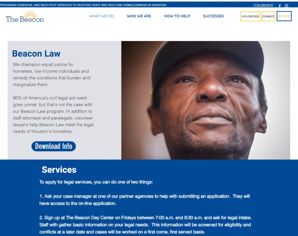 Screenshot of Beacon Law's section on BeaconHomeless.org, highlighting their commitment to legal aid for the homeless, a stellar example of mission-driven website design for law firms.