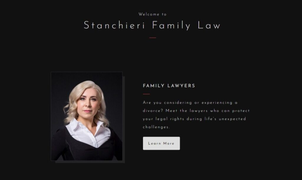 Screenshot showcasing Stanchieri Family Law's homepage, featuring a dark theme with dynamic typing effects, exemplifying innovative website design for law firms.