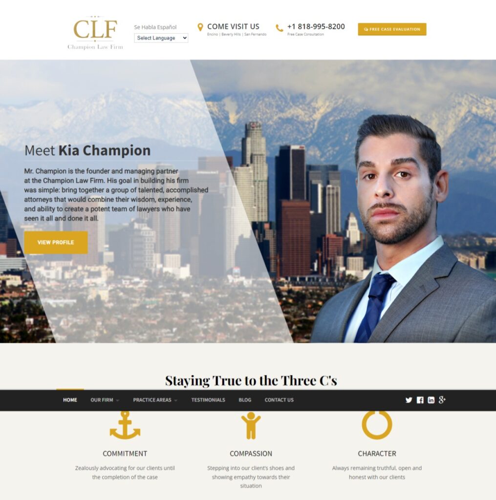 Interface of The Champion Firm's website, highlighting its user-friendly design and prominent calls-to-action, a strategic online platform for law firms.