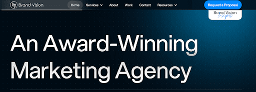 Homepage banner from Brand Vision showcasing their title as 'An Award-Winning Marketing Agency' against a dark, starry background.