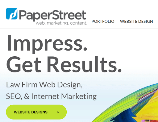 Snapshot of PaperStreet's homepage featuring their slogan 'Impress. Get Results.' along with a mention of their specialties in Law Firm Web Design, SEO, & Internet Marketing