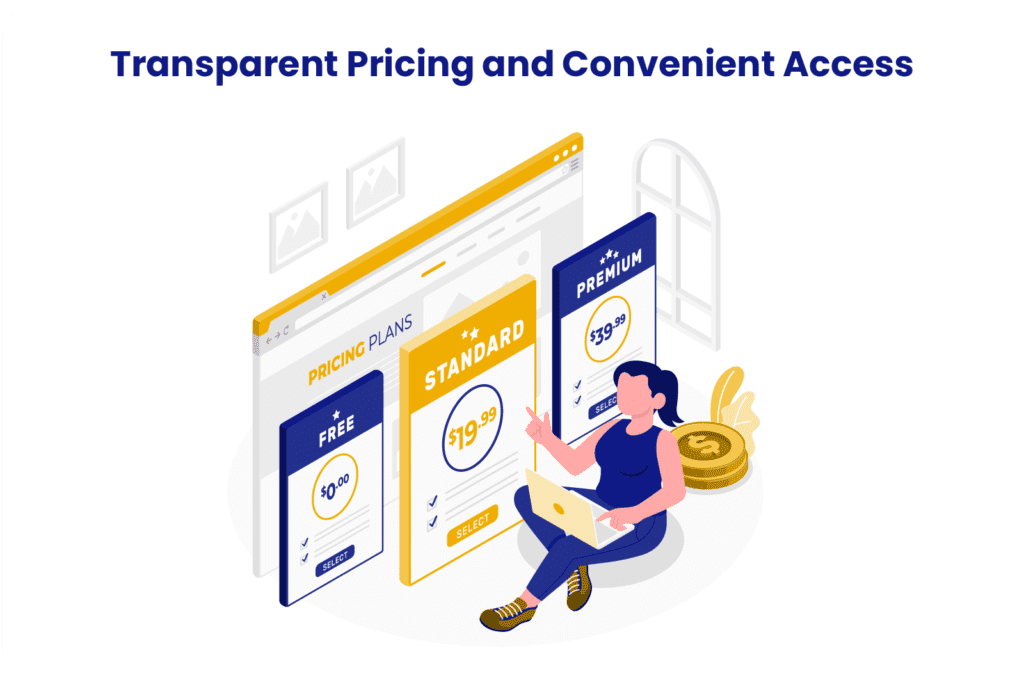 Illustrative design of a user-friendly interface displaying clear pricing plans, pointing to easy online access for potential law firm clients.