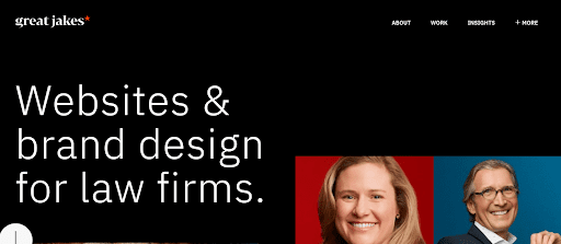 Header from the Great Jakes website displaying 'Websites & brand design for law firms' alongside images of confident legal professionals.