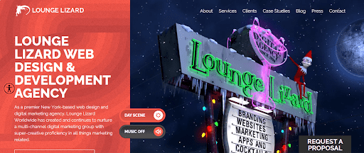 Vibrant homepage banner of Lounge Lizard featuring their neon sign logo with a festive twist, highlighting their web design and development expertise.