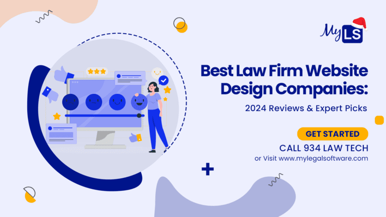 Promotional graphic for 'Best Law Firm Website Design Companies: 2024 Reviews & Expert Picks' featuring a cheerful character next to a computer screen displaying positive emojis and social media engagement.
