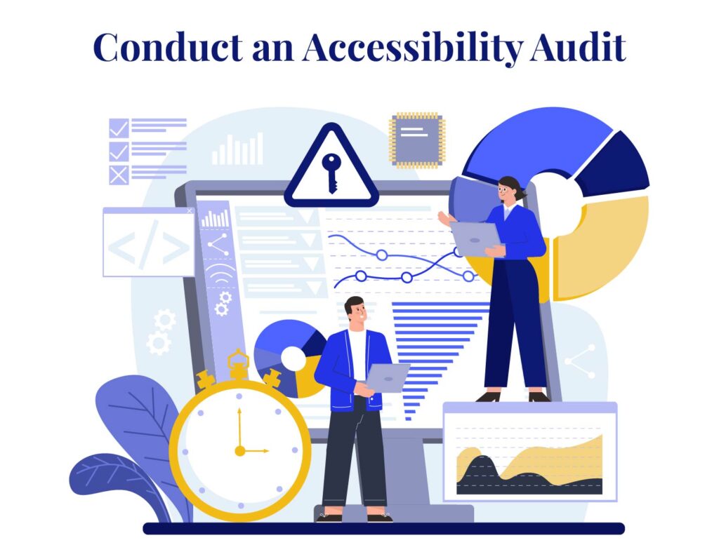 Illustration of professionals conducting an accessibility audit, highlighting the key steps for law firms to become ADA compliant.
