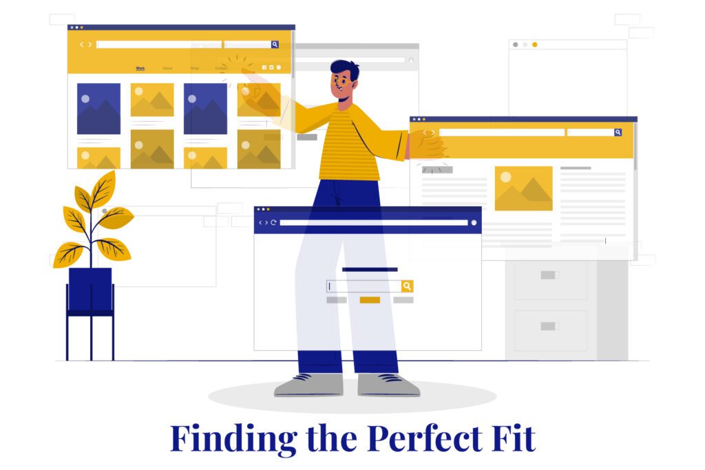 Illustration of a person assembling web page elements titled 'Finding the Perfect Fit', symbolizing the customization of law firm websites.
