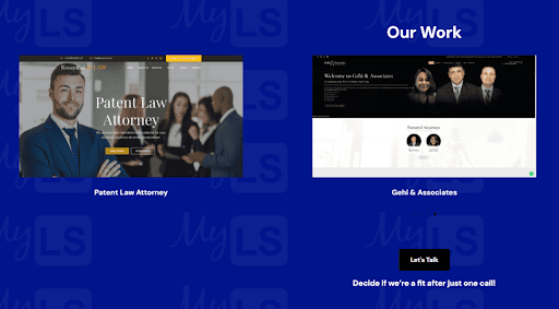 Screenshot of the 'MyLegalSoftware' website showcasing their portfolio with a featured 'Patent Law Attorney' section and 'Gehl & Associates' professional team page created by MyLegalSoftware.