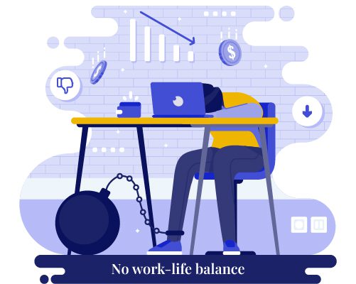 A cartoon of someone asleep on their computer with a big ball and chain on their leg. It looks like they have too much work and no play