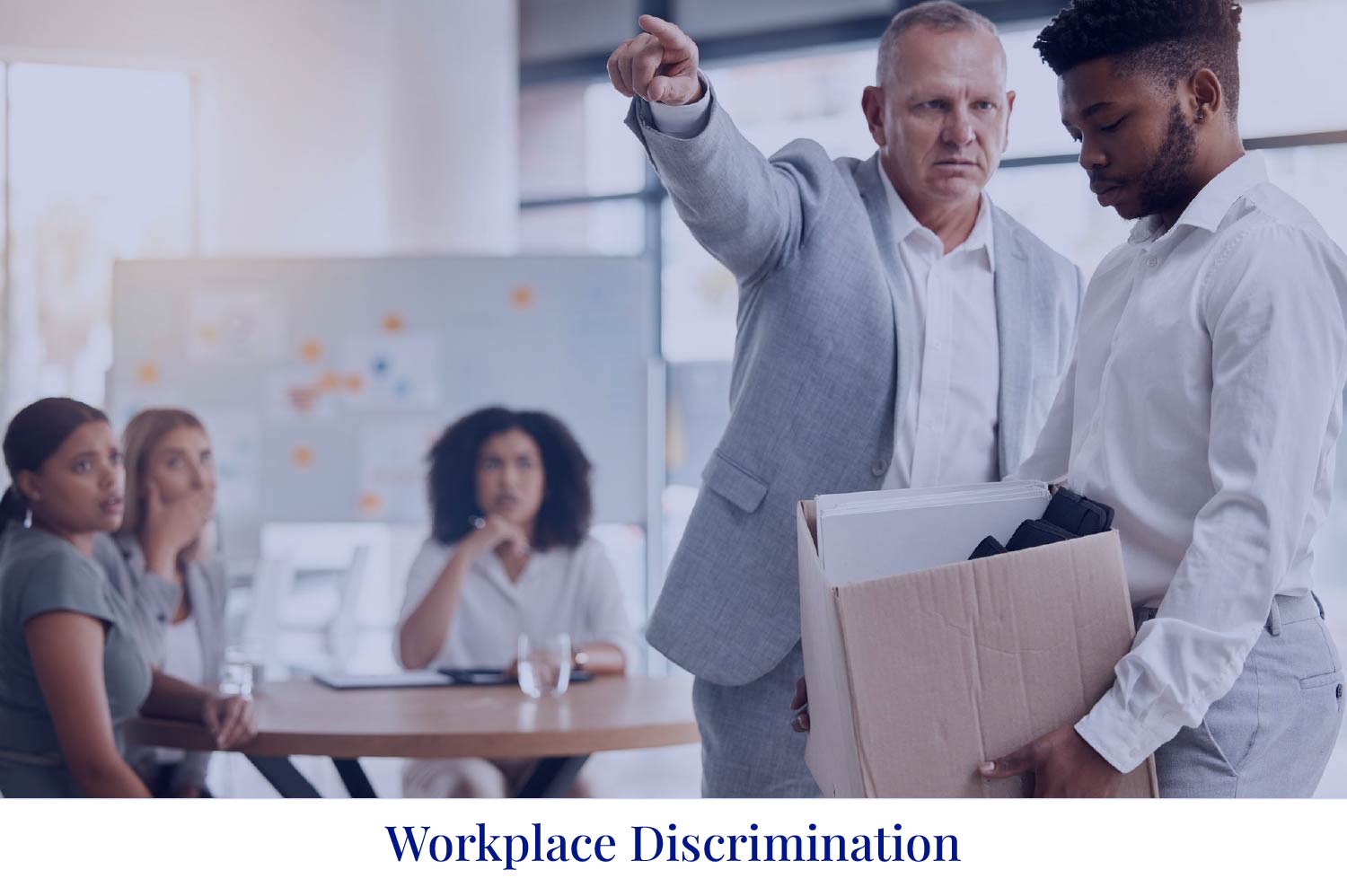 A person is being told to leave their job with a box in their hands, and other people are watching. It says 'Workplace Discrimination' above