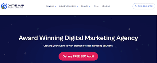 Homepage banner of 'On The Map Marketing' website, proclaiming them as an 'Award Winning Digital Marketing Agency' with an inviting call to action for a free SEO audit.