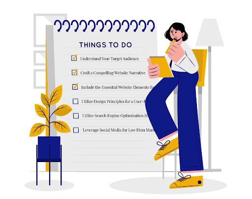 Illustration of a person reading a checklist titled 'Things to Do', which includes website strategy tasks such as understanding the target audience and leveraging social media."