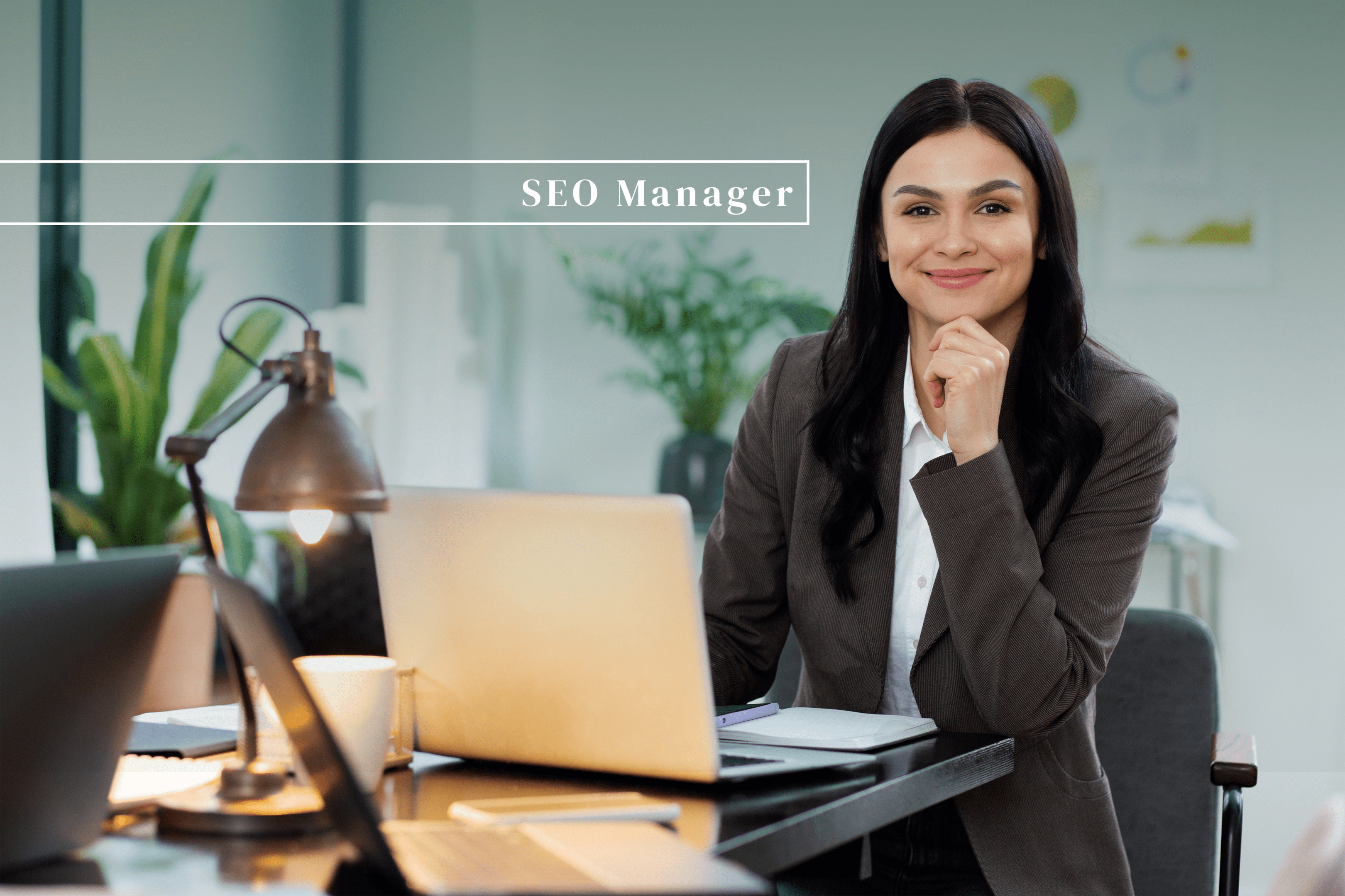 Confident female SEO Manager at her desk, optimizing law firm online presence.