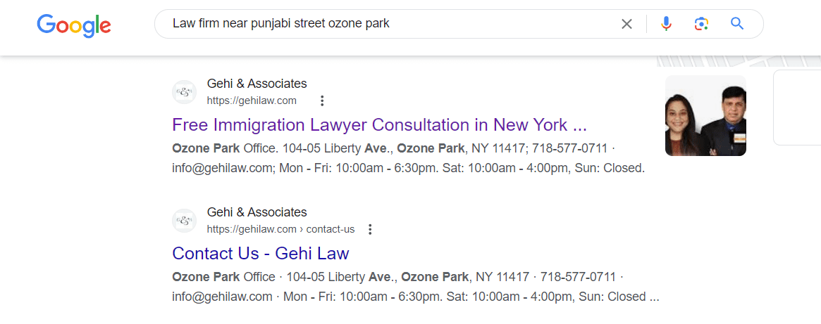 Google search results showing Gehi & Associates' listing for "Law firm near Punjabi street Ozone Park.