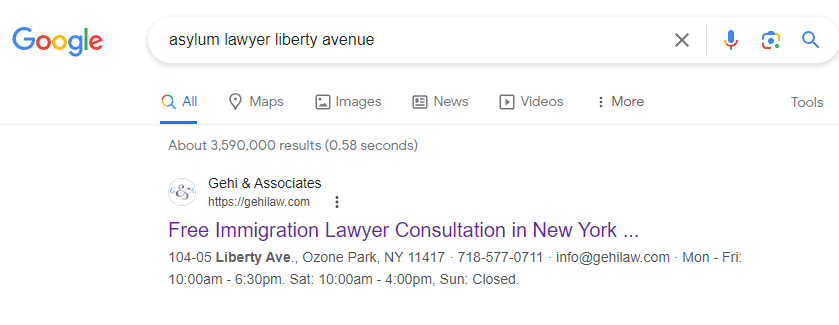 Google search result for Gehi & Associates offering Free Immigration Lawyer Consultation on Liberty Avenue.