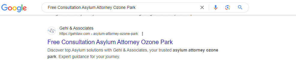 Google search result for Gehi & Associates offering Free Asylum Attorney Consultation on Ozone Park.