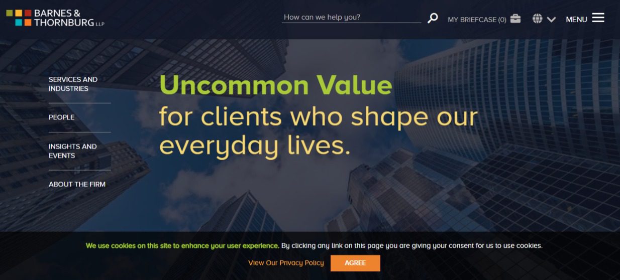 Skyline and skyscrapers on the Barnes & Thornburg LLP website, projecting 'Uncommon Value for clients