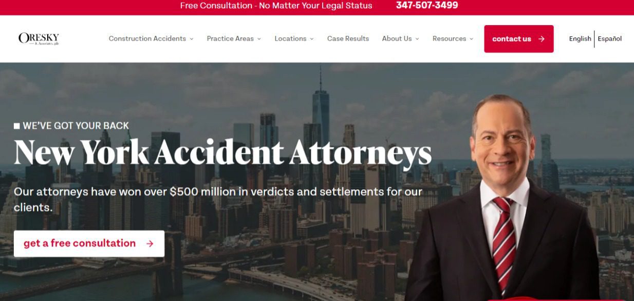 New York Accident Attorneys website banner with clear navigation and firm's achievements