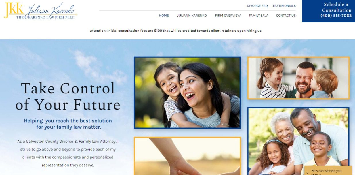 Diverse family imagery on Karenko Law Firm's homepage, highlighting their family law services.