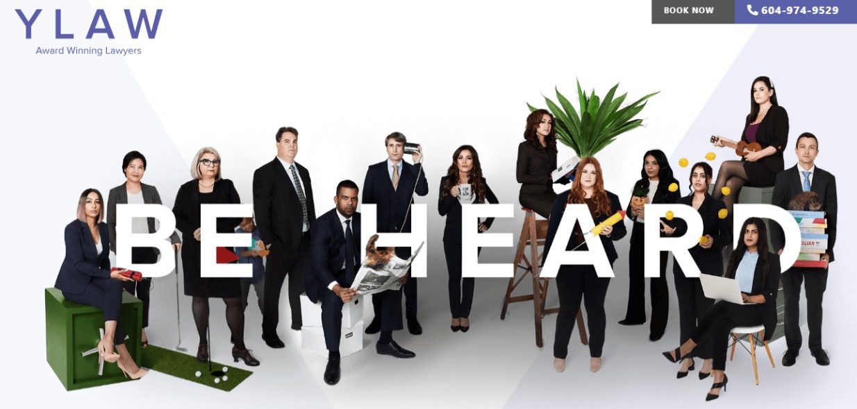 Diverse legal team of YLAW Family Law Firm positioned around the bold message 'BE HEARD'