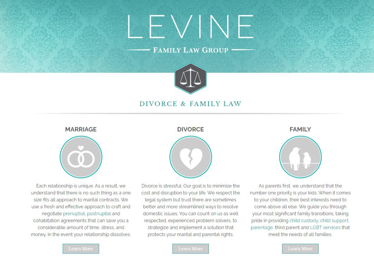 Detail from Levine Family Law Group's website highlighting their services in marriage, divorce, and family law.