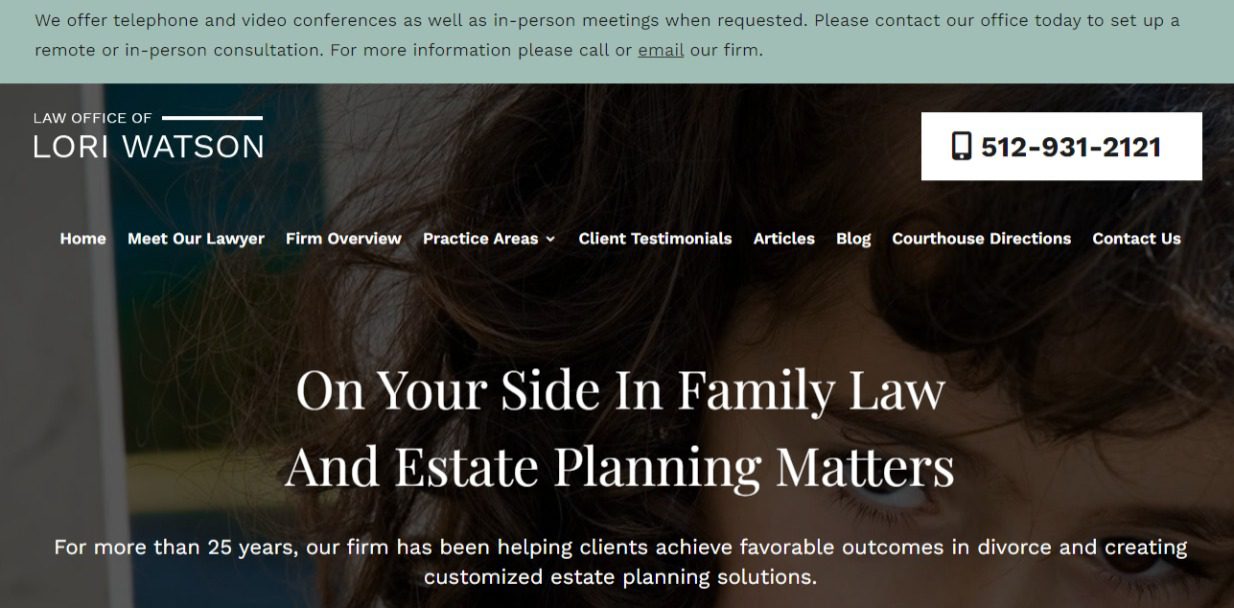 Homepage of the Law Office of Lori Watson highlighting their focus on family law and estate planning.