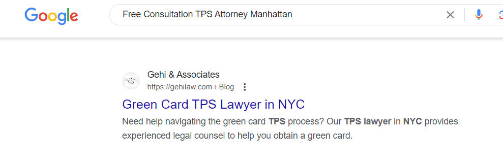 Screenshot of a Google search result for "Free Consultation TPS Attorney Manhattan" showcasing Gehi & Associates' listing for Green Card TPS Lawyer in NYC.