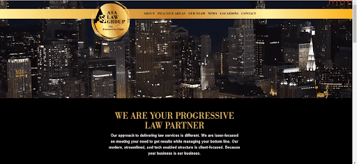 City skyline background with Asa Law Group's commitment to progressive law partnership.