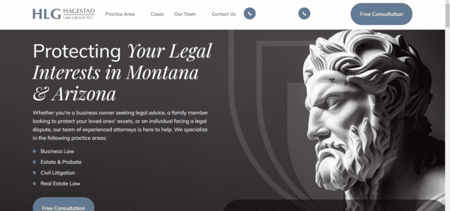 Statue of justice on the Hagestad Law Group website, representing legal services in Montana and Arizona.