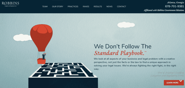 Innovative Robbins Firm web design showcases creativity beyond the standard playbook