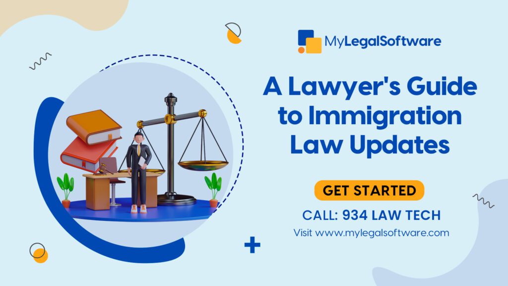 Illustration of a judge in a courtroom surrounded by law books, scales of justice, and a computer, symbolizing updates in immigration law.