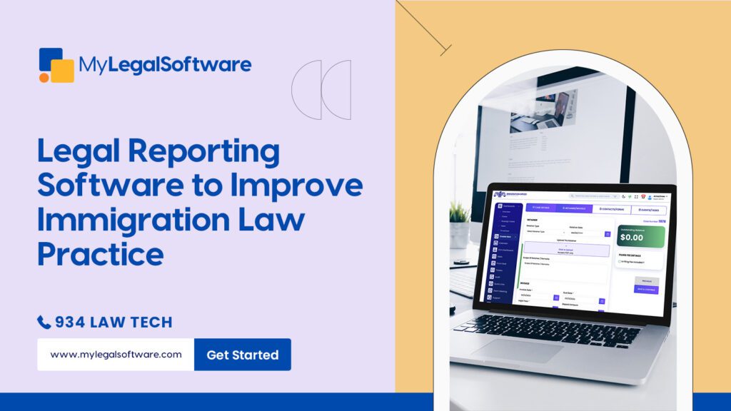 Modern laptop displaying Legal Reporting Software interface, emphasizing improved reporting in immigration law practice