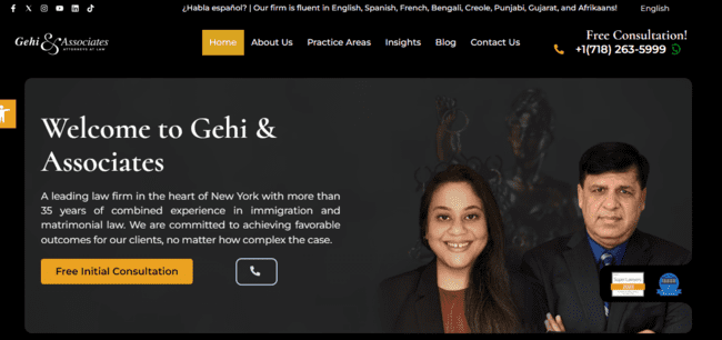 Screenshot of Gehi & Associates' homepage, a leading law firm specializing in immigration and matrimonial law.