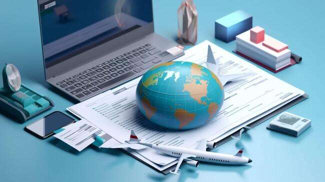 A laptop surrounded by documents, a globe, and small airplane models.