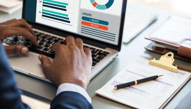 Business professional inputting data into an immigration case management system on a laptop.