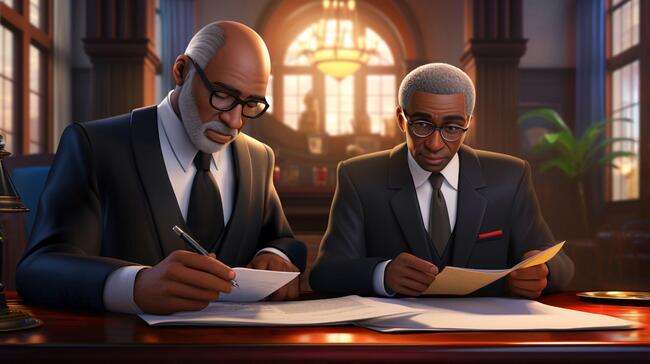 Two elderly male lawyers reviewing documents in a courtroom.