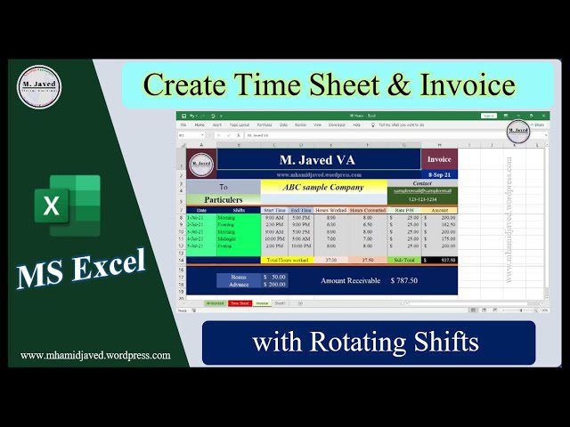 Screenshot of an MS Excel template for creating time sheets and invoices with rotating shifts, displayed by M. Javed VA.