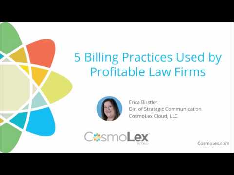 Slide showing the title '5 Billing Practices Used by Profitable Law Firms' with an image of Erica Birstler, Dir. of Strategic Communication at CosmoLex Cloud, LLC.