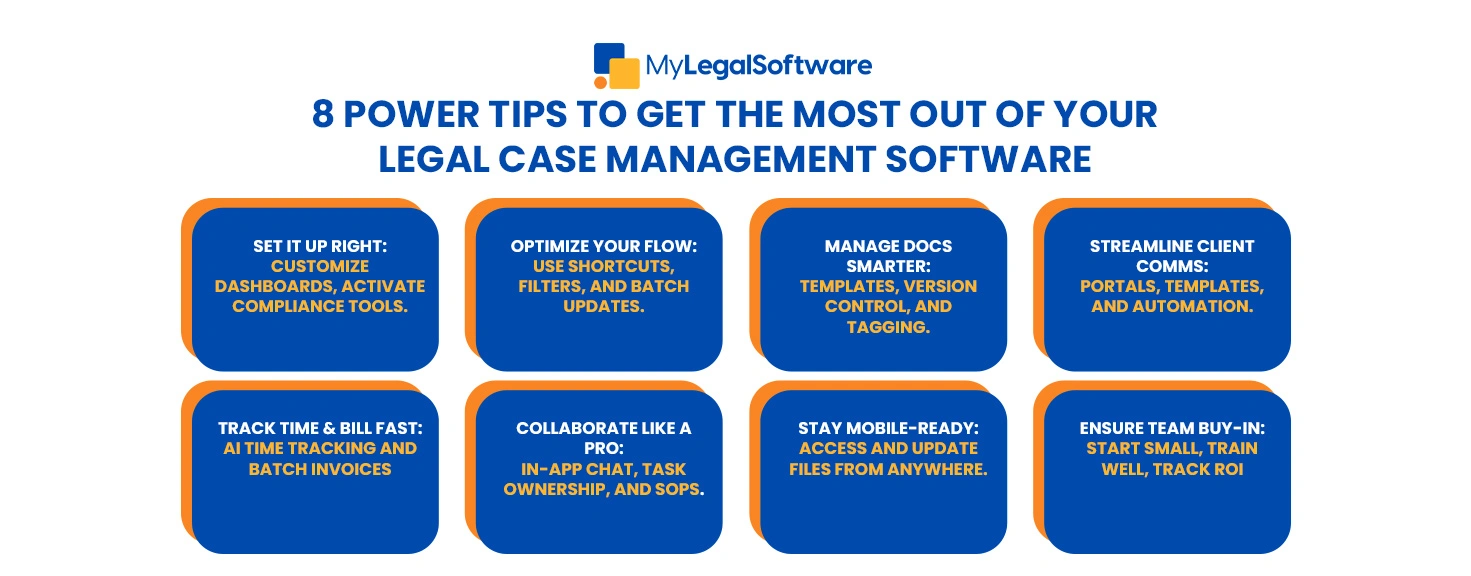 8 power tips to maximize your legal case management software efficiency and productivity.