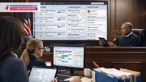 An illustration of a modern courtroom office where a clerk 1