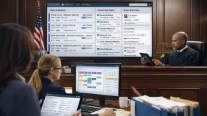 An illustration of a modern courtroom office where a clerk